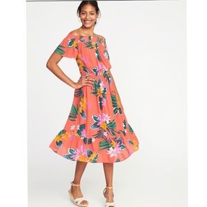 Waist-Defined Off-the-Shoulder Crinkle-Gauze Midi